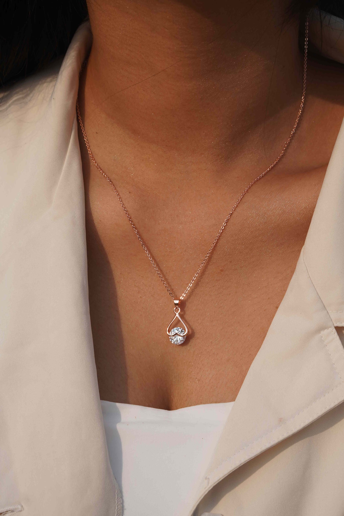 Stainless Steel Elegant Leaf-Shaped CZ Pendant Set - Anti Tarnish