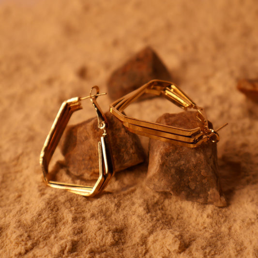Triple Strand Golden Triangle Hoop Earrings - Modern Geometric Style - Stellin Moon